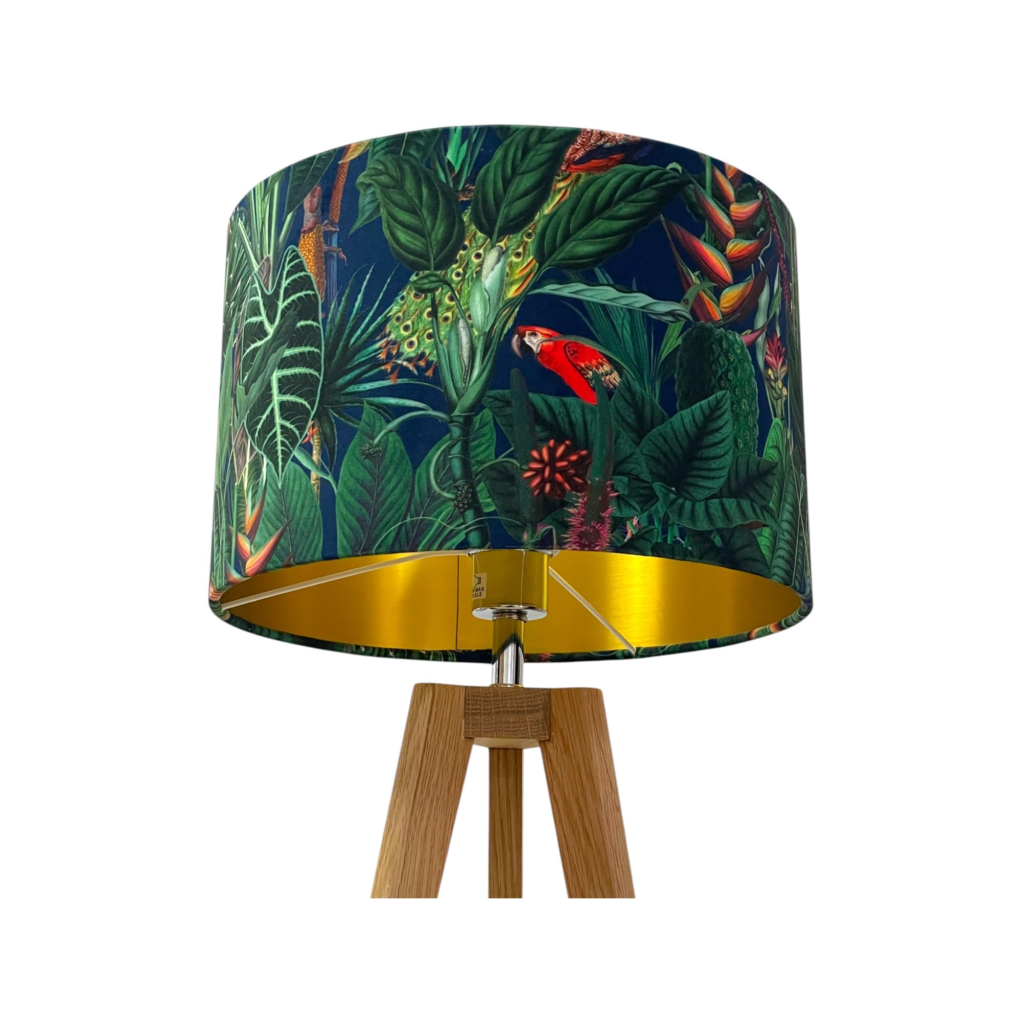 Dark Blue Parrot Peacock Tropical Jungle Velvet Brushed Gold Drum Lampshade