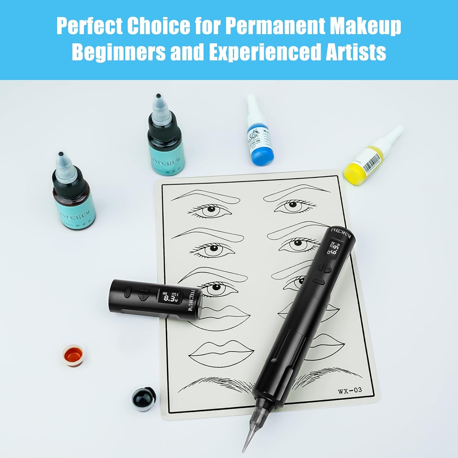 K6003 Microblading Tattoo Gun Kit, Wireless Tattoo Machine Permanent Makeup Machine Kit with 2 Batteries Oled Display 10W Coreless Motorfor 10Pcs Needles for Brow Lip Eyeliner (Black, K6003)