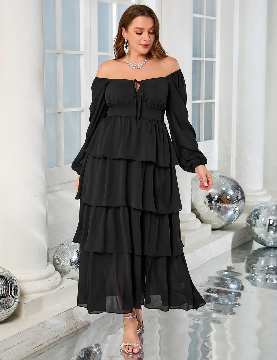 Womens Plus Size Floral Tiered Ruffle Long Sleeve Evening Party Wedding Guest Dress - Image 6
