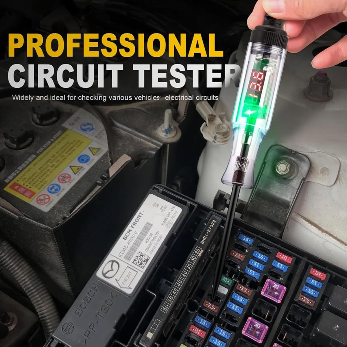 UPTO DATE PRODUCTS 3-48V DC Digital LCD Display Prolong Spring Cable for Sedan,SUV,RV,Truck,Lawn Mower with Extended Spring Wire & Probe for Car RV Fuse Checker 3