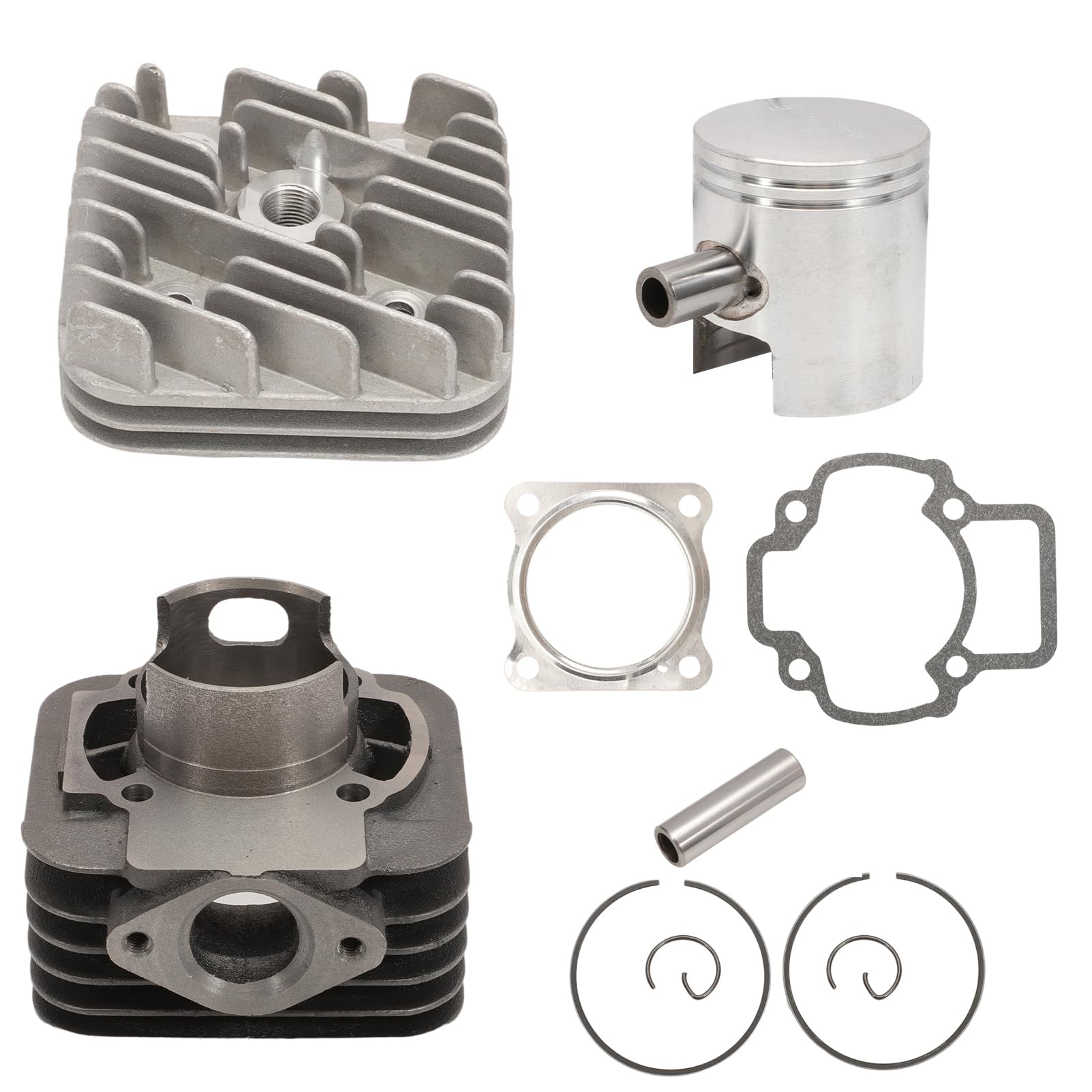 KT00086 - Grupo térmico cilindro Evolution 70 cc D.48 Piaggio AC Aria SP.12 hierro fundido refrigerado por aire para motores Piaggio Gilera, 6 trasvases con escape elíptico y cabeza de una