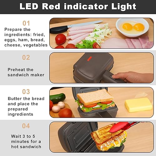 Miniatura 9 de Mini sandwichera con platos extraíbles Máquina portátil de queso a la parrilla, sándwichera de desayuno eléctrico con platos antiadherentes, prensa