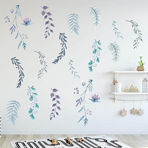 fanquare Calcomanías de pared de hojas verdes en acuarela, calcomanías de pared de plantas florales, calcomanías de pared extraíbles de vinilo para
