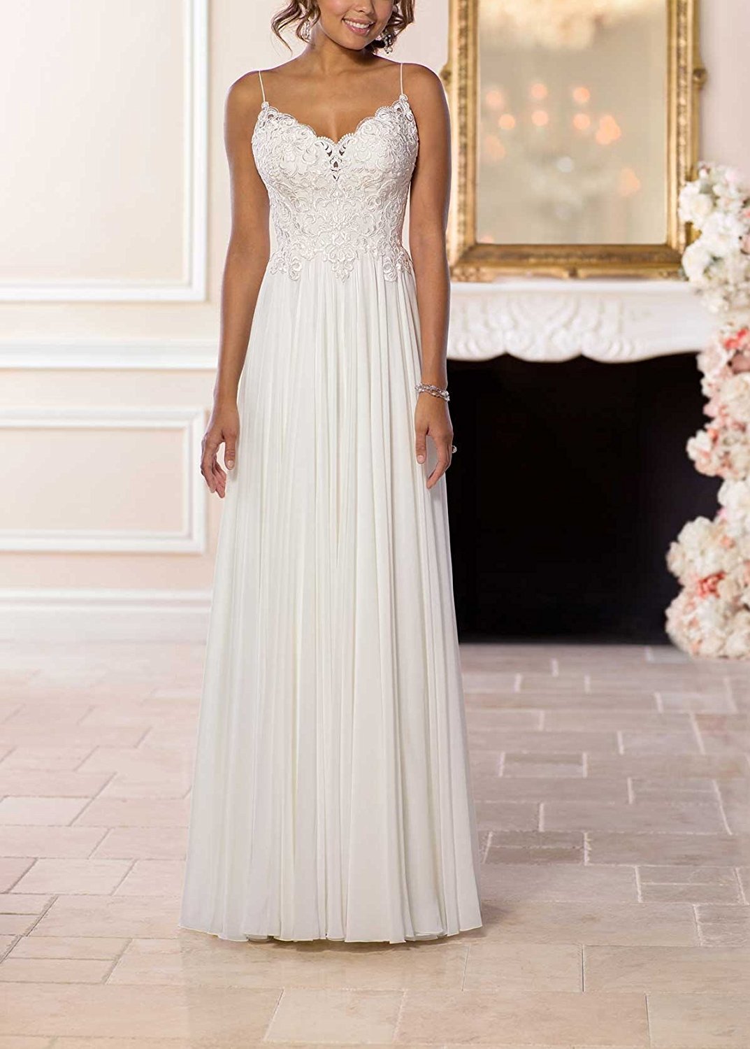 Elegantes Chiffon-Brautkleid mit Spaghettiträgern und Spitze, langes Abendkleid, Elfenbein, Größe 40/46
