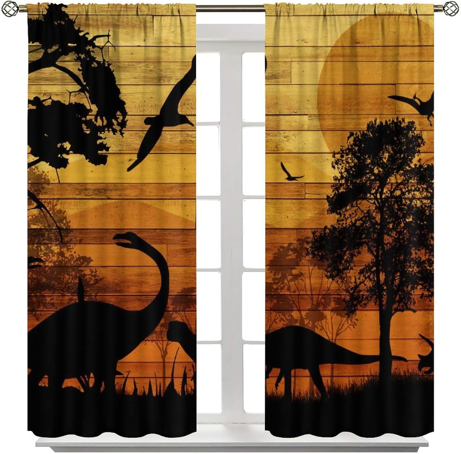 Brebasf Rustic Dinosaur Silhouette Blackout Curtains Abstract Old Wooden Board Jungle Animals Dino Prints Window&Drapes Thermal Insulated Darkening Rod Pocket Curtains 2 Panels 54" L x 21" W