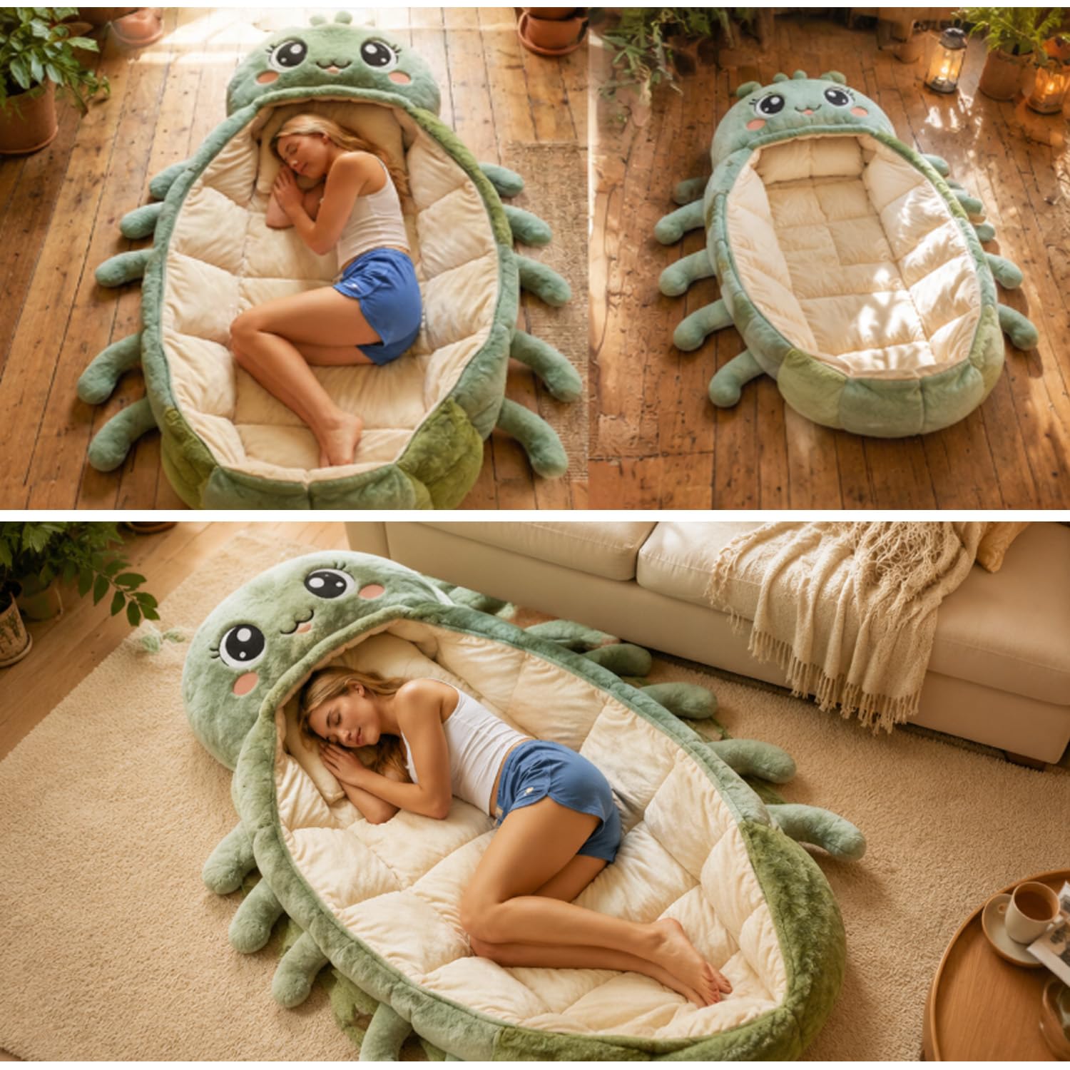 Caterpillar - Saco de dormir de felpa súper suave, forma de capullo de una pieza, plegable, portátil para casa, viajes, camping, bonito diseño de animales (90 pulgadas de longitud)