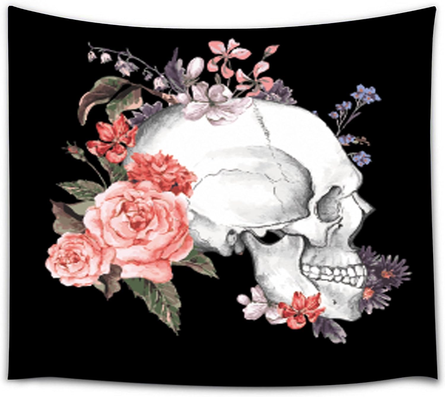 CHEERHUNTING Black & White Floral Skull Wall Hanging Fabric Tapestry 60”W by 50”H for Bedroom Décor