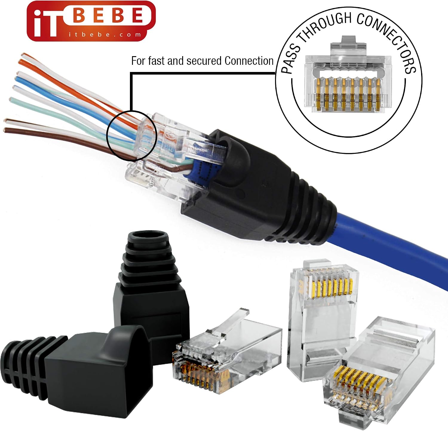 ITBEBE 30/30 RJ45 Cat5 Cat5e Pass Through Connectors for 24 AWG Cables - 30 Cat5e Passthrough Connector Ends and 30 RJ45 Connectors Black Strain Relief for Clean, snag-Free Ethernet Patch Cord