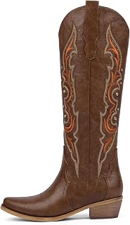 QIY Knee High Cowboy Boots for Women Rhinestone Cowgirl Boots, Trendy Embroidered Western Boots with Almond Toe Side Zipper and Chunky Heel
