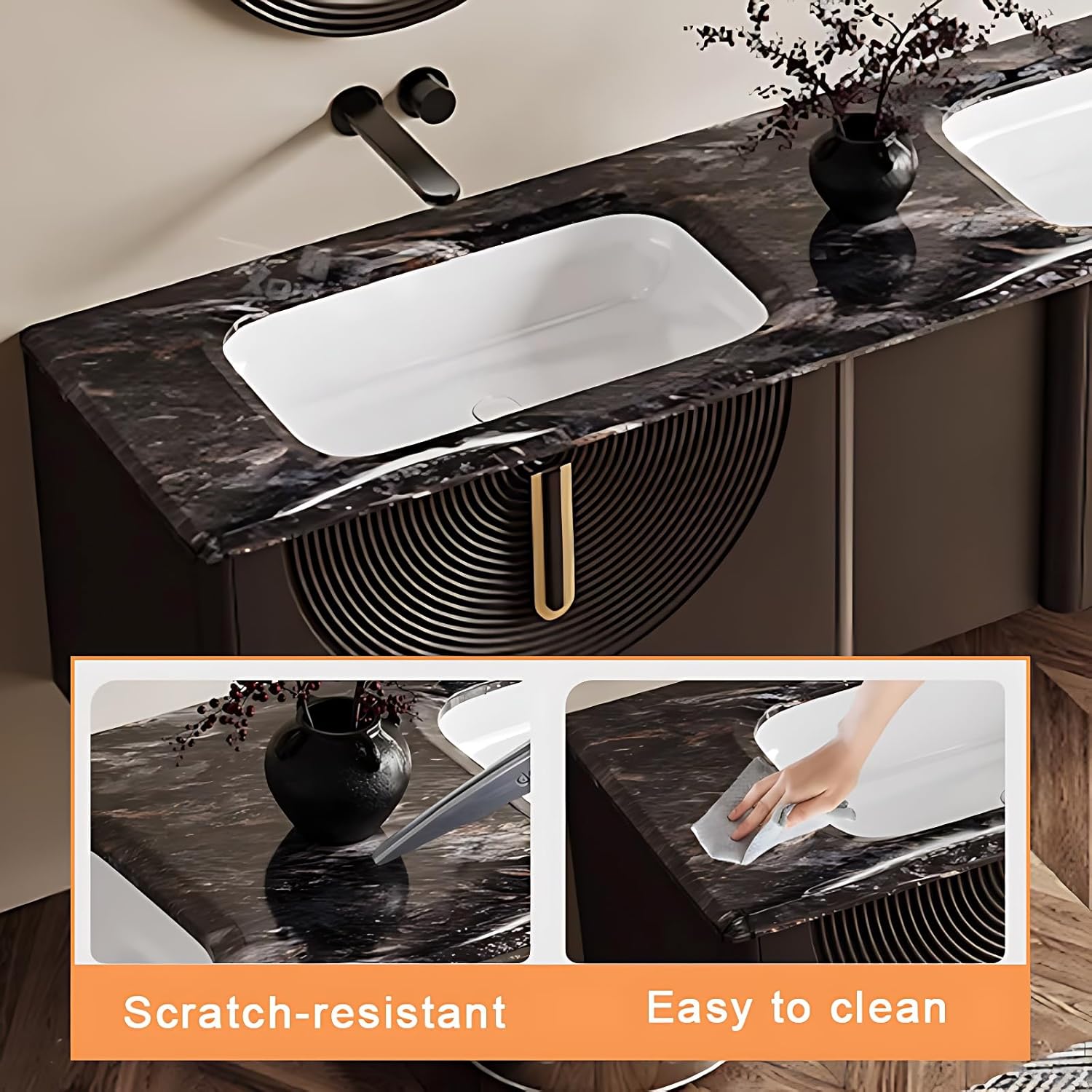 56IN Double Sink Bathroom Vanity - Wall-Mounted Bathroom Vanity with 2 Sinks & Exquisite Handles | Double Drawer Storage Space & Smart LED Mirror Cabinet, Brown