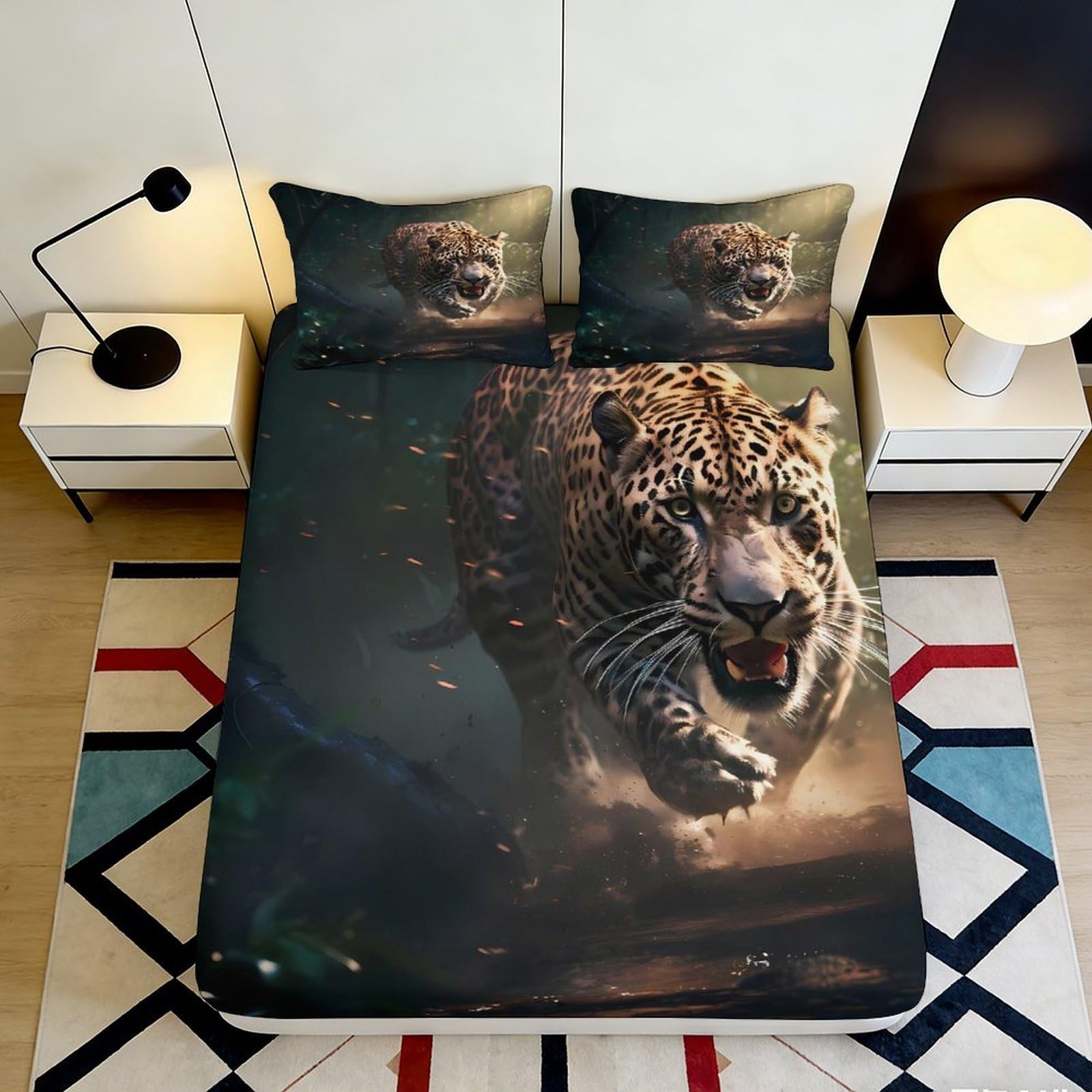Decorative Wild Tiger Fitted Sheet 3D Printed Soft Touch Microfiber Bed Cover for Home Bedroom Guest Room Wrinkle Resistant Apartment Bedding 180x200x25cm