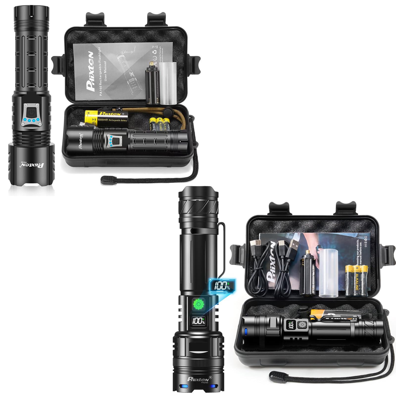 PHIXTON 2-Pack Rechargeable Flashlights (PH2403 and PA160) with accessories in a protective case.