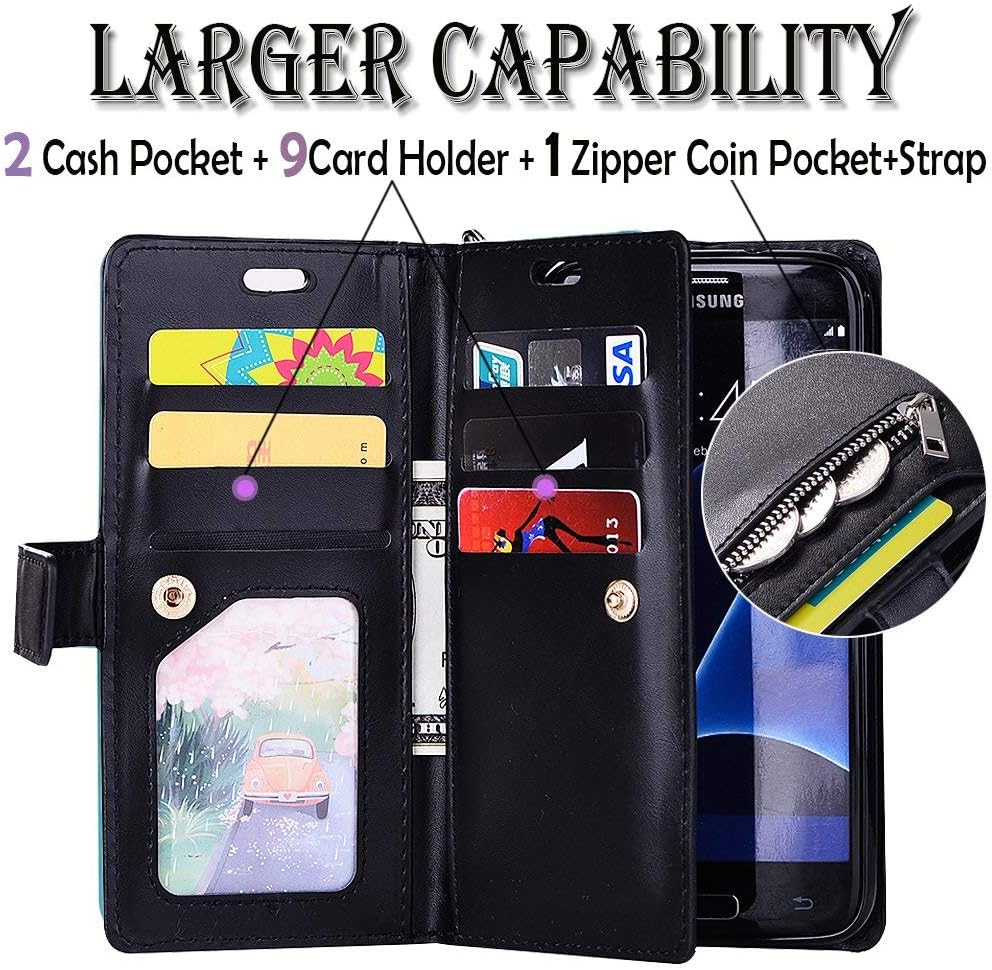 Galaxy J3 Case 2018 Wallet/J3 Achieve/J3 Star/J3 Orbit/Amp Prime 3 Case,Auker 9 Card Holder Folio Flip Leather Magnetic Folding Zipper Wallet Case with Strap/Money Pocket for Samsung J3V 2018 (Black)