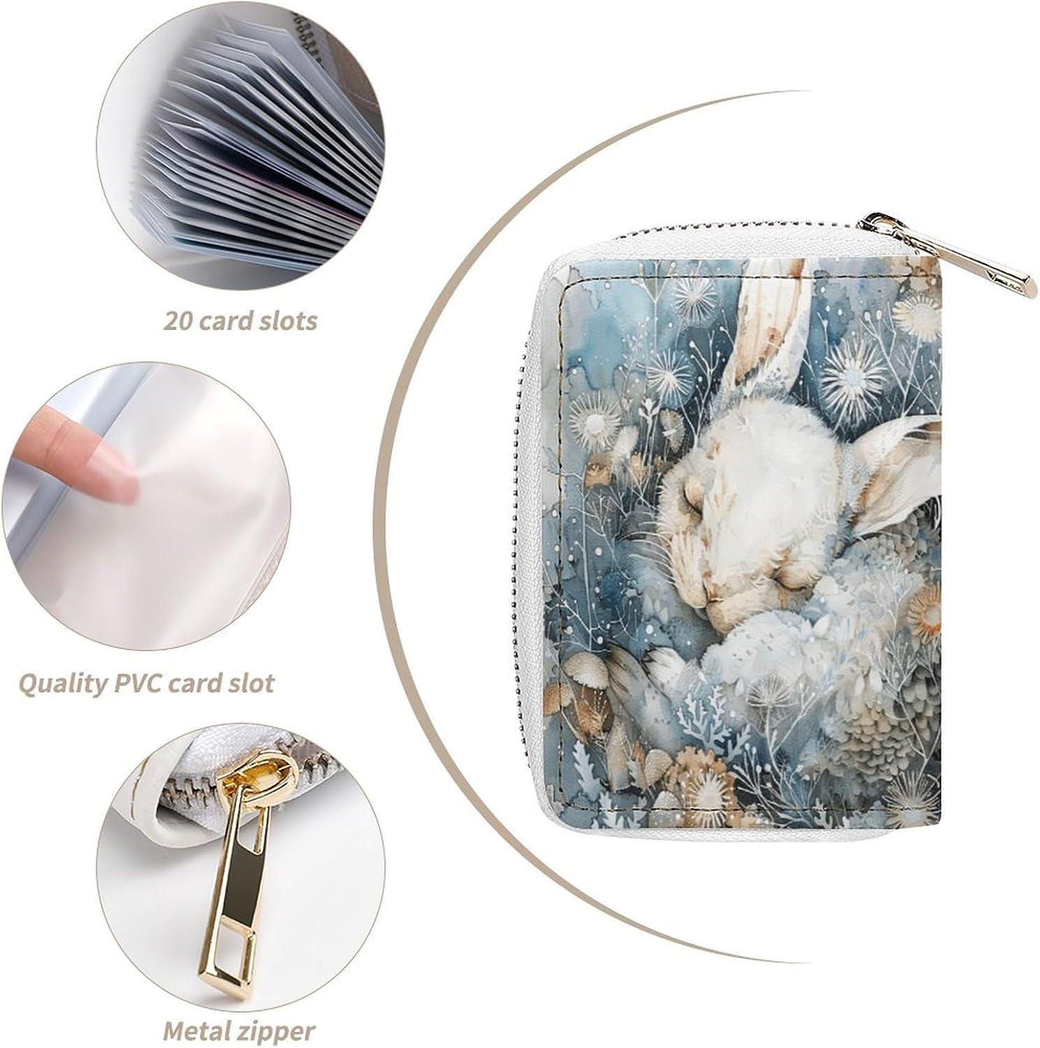 Leather Card Organizer Case Card Wallet Credit Card Holder A Sleeping Rabbit Printed Zipper Card Cases Holder for Women Men