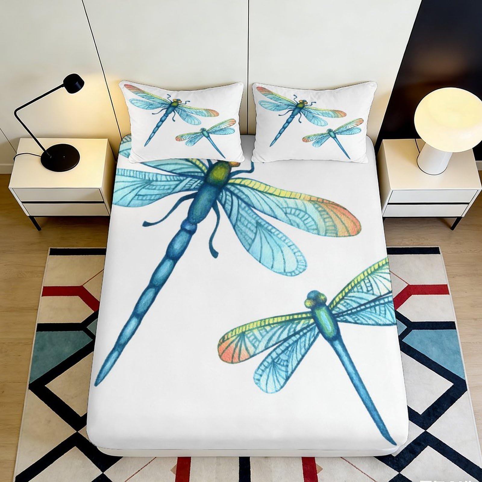 3D Printed Blue Dragonfly Fitted Sheet Microfiber Mattress Cover Watercolor Insect Pattern for Bedroom Dorm Mattress Protection Decor 160x200x25cm