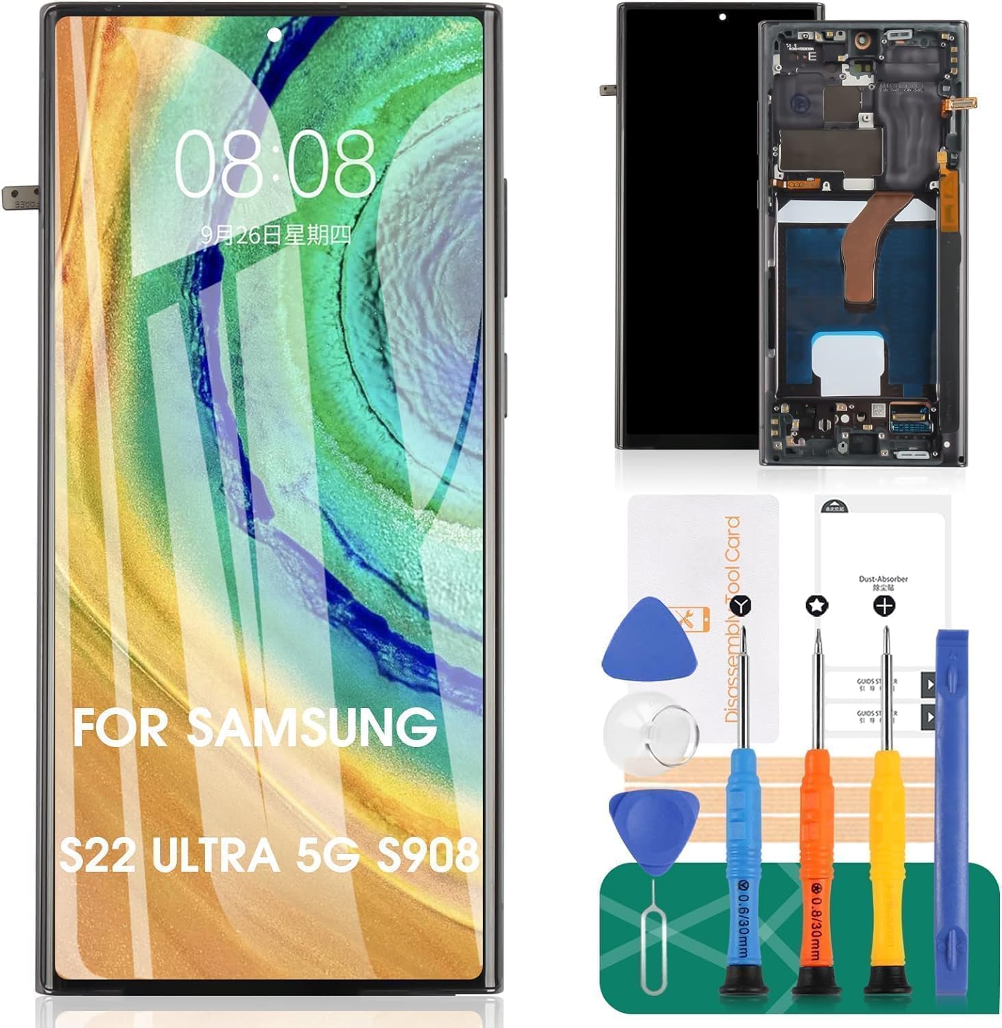 TFT for Samsung Galaxy S22 Ultra 5G LCD Screen Replacement for Samsung S22 Ultra 5G LCD Display for SM-S908 Touch Screen Assembly Repair Kits with Frame (Smaller Size)