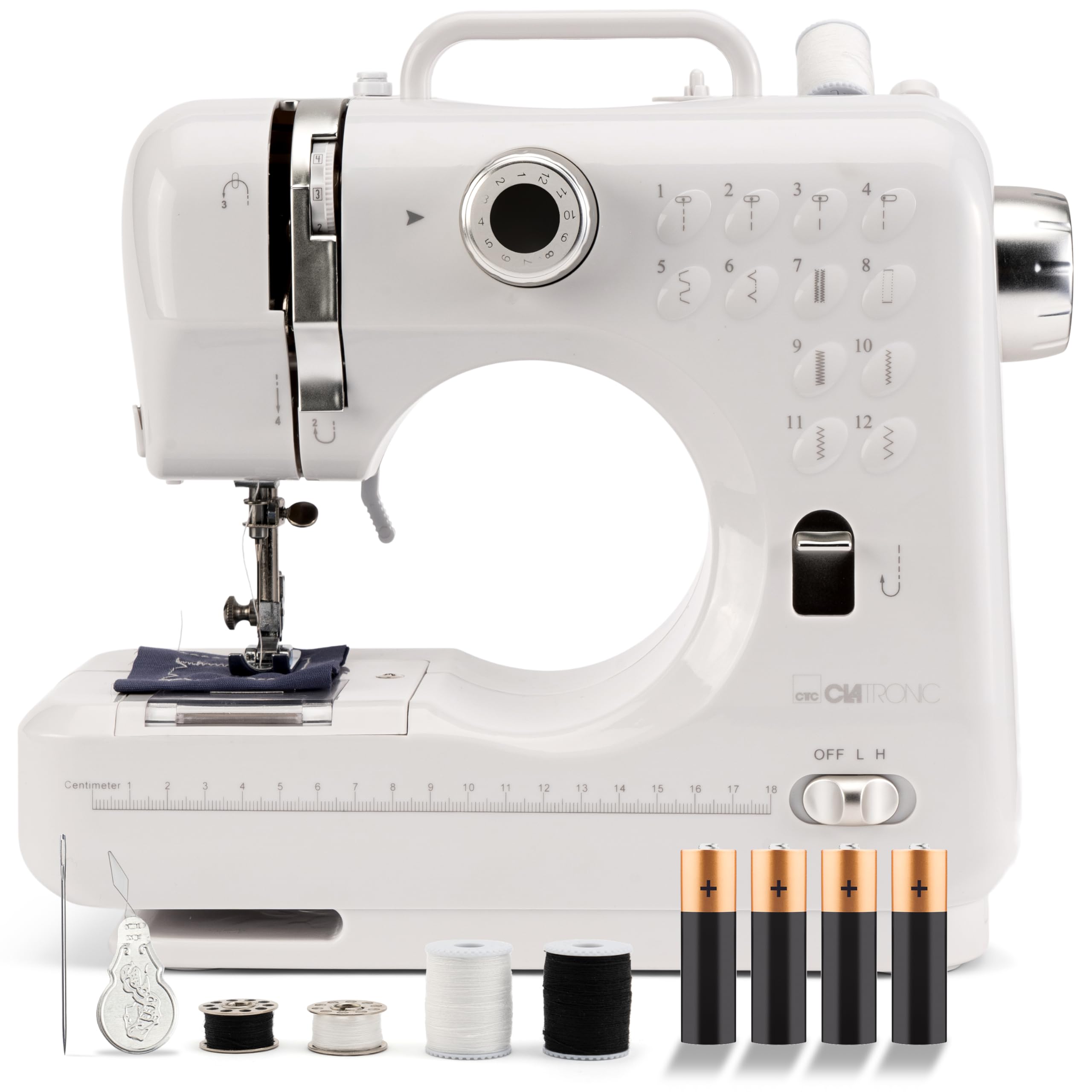 Clatronic Macchina da cucire per principianti con 12 punti | Sewing Machine con funzione di cucitura avanti e indietro e 2 livelli di velocità, con funzionamento a batteria o a rete e luce LED