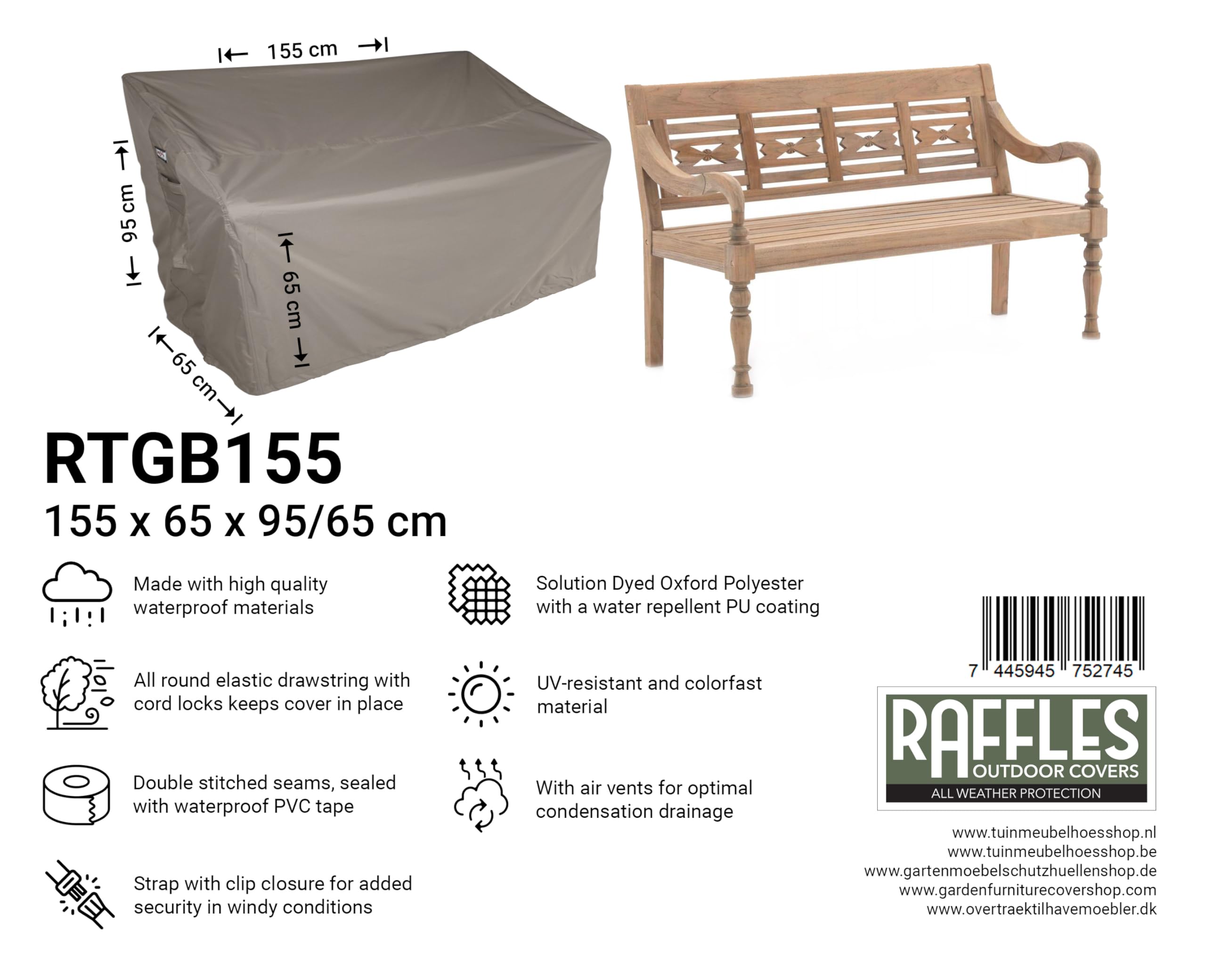 Abdeckung für Gartenbank 155 x 65 H: 95/65 cm | Atmungsaktiv | Wasserdicht | UV - beständig | Doppelt genähte, PU-versiegelte Naht | Elastischer Kordelzug |