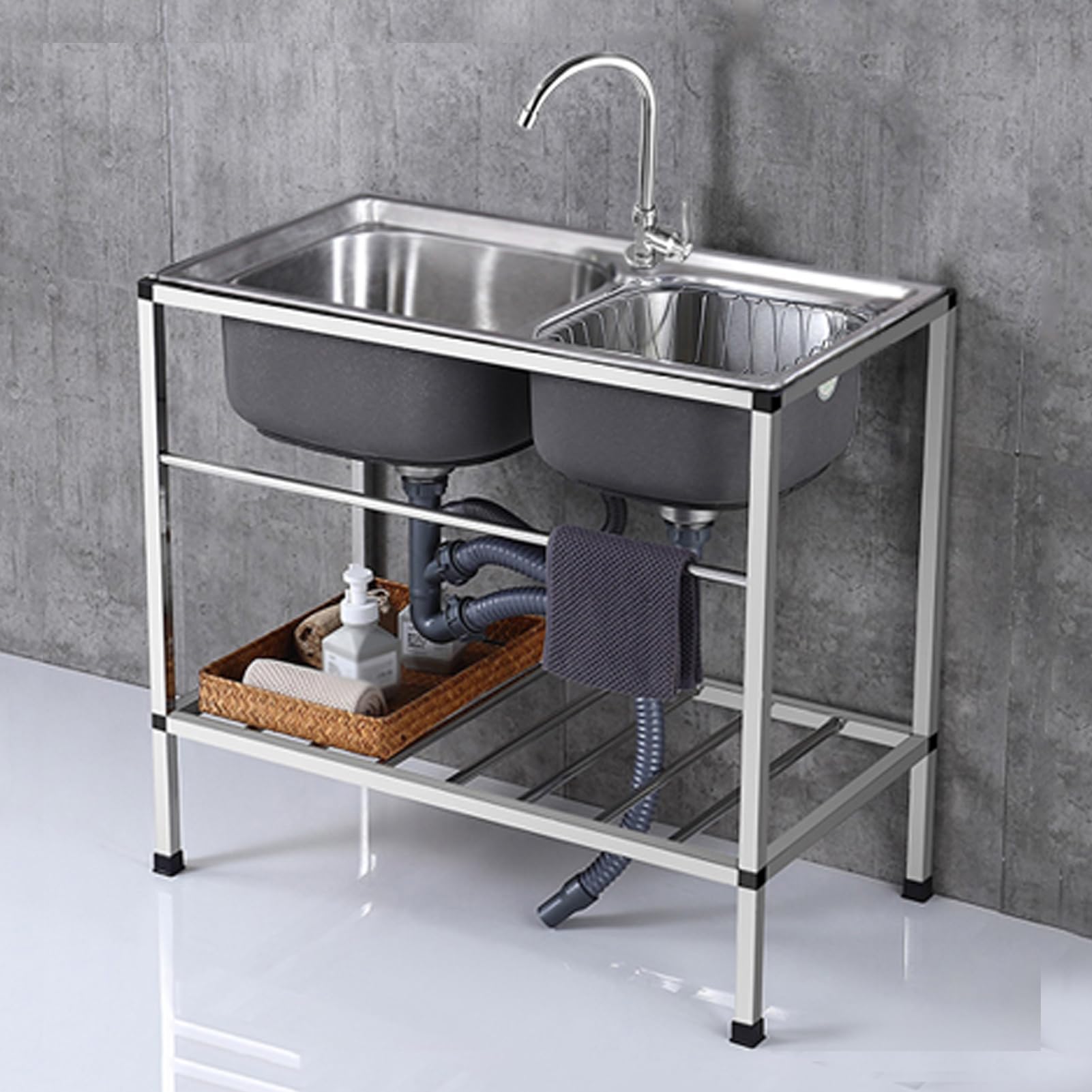 ZQFHSX Freestanding Double Bowl Sink Stainless Steel Catering Commercial with Faucet and Storage Shelf for Indoor, Outdoor, Kitchen, Restaurant, Easy to Clean (78x43cm)