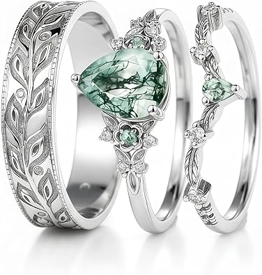 Matching Moss Agate Ring Set For Couples His And Hers Natural Gemstone Engagement Wedding Promise Ring Set Customized Couple Wedding Rings Jewelry Gift For Her