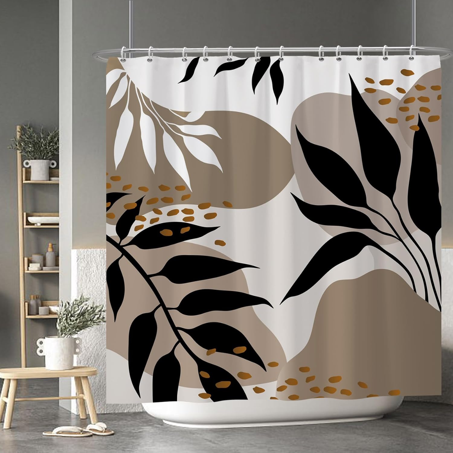 Baocicco Brown Boho Leaves Shower Curtains Waterproof Polyester Fabric 72x72 Inches with Hooks Mid Century Modern Hotel Family Shower Curtain Set Black and Tan Design Bath Accessories Art Home Decor