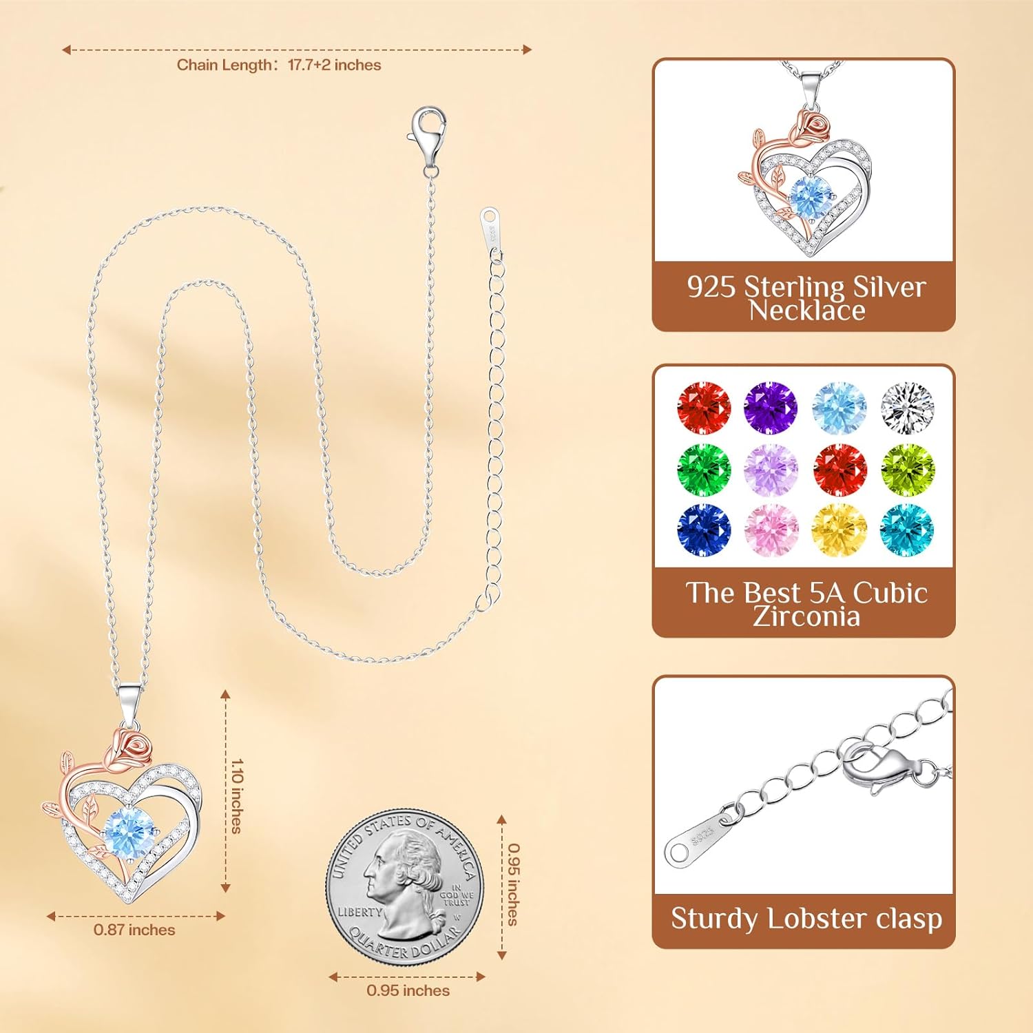 moshen Rose Heart Necklace for Women Sterling Silver Birthstone Pendant - Gift for Women Mom Wife Girlfriend daughter Best Friend - Image 4