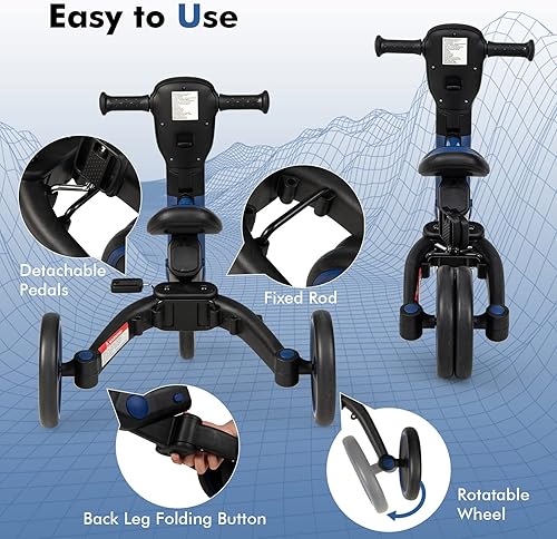 Miniatura 3 de BABY JOY Triciclo 4 en 1 para niños pequeños, triciclo plegable para niños y niñas con mango ajustable de dirección para padres, pedales extraíbles,