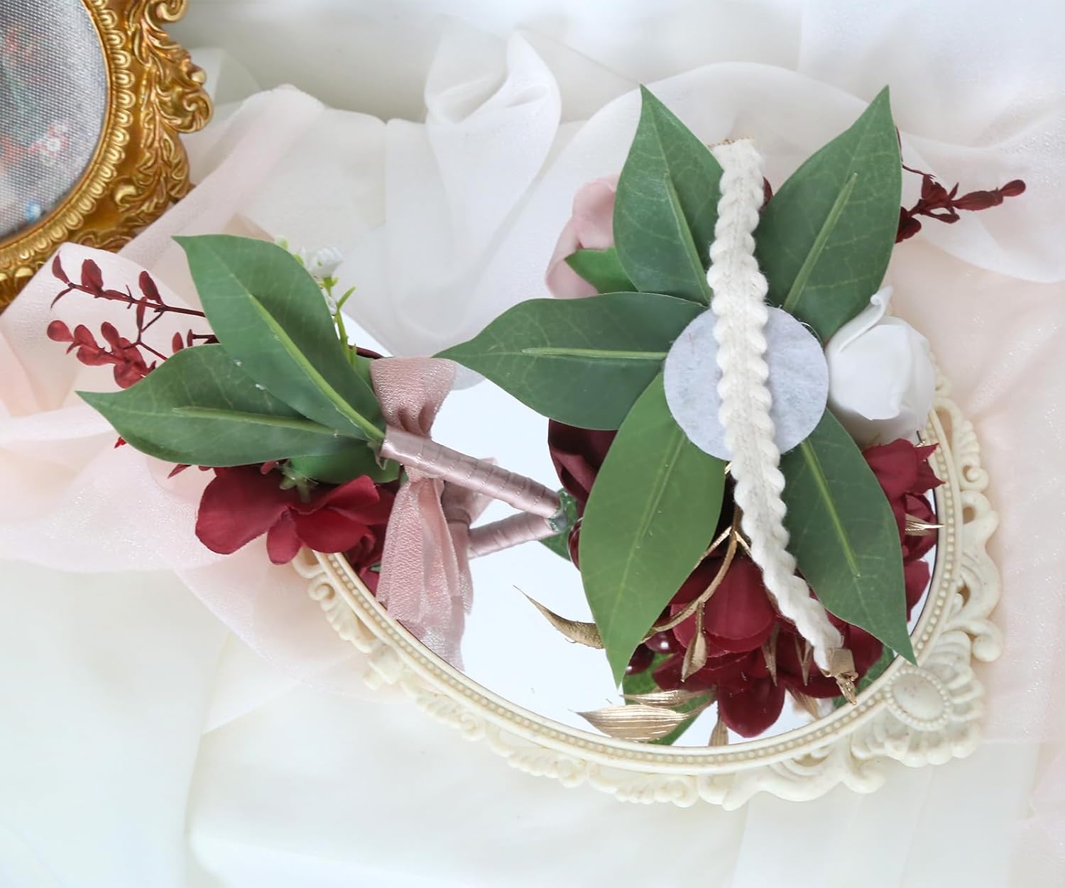 2Pcs Wedding Corsage and Boutonniere Set Burgundy Rose Corsage Wristlet and Boutonniere for Men Women Groom Bride Bridesmaid Groomsmen Wedding Party Accessory Prom Decoration (Burgundy)