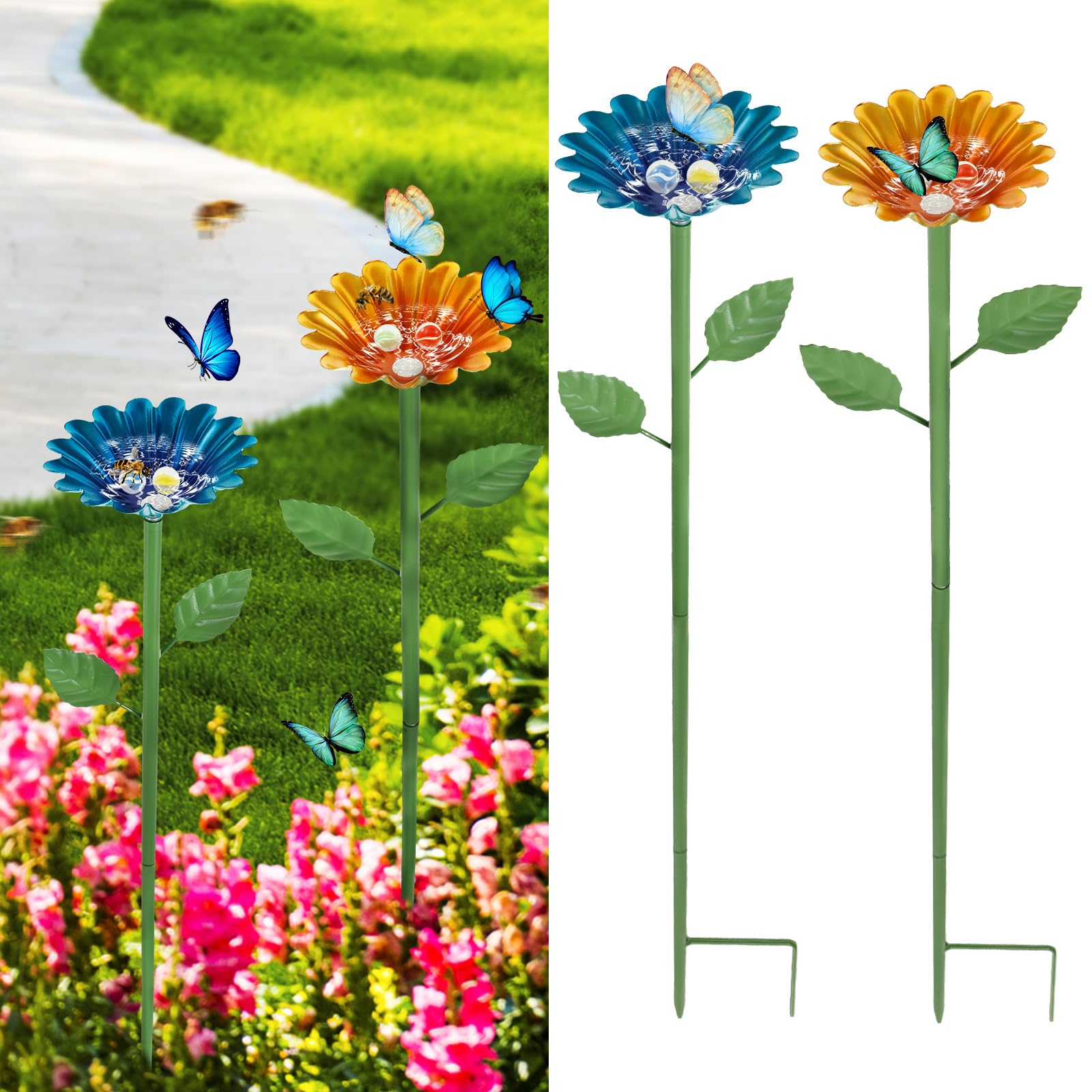 2 Pack Bee Watering Station for Garden Iron Bee Watering Cups with Glass Marble and Flower Design Flower Stakes Bird Feeders Bird Drinking Cup for Outdoor Beehive Grassland Flowerpot Accessory