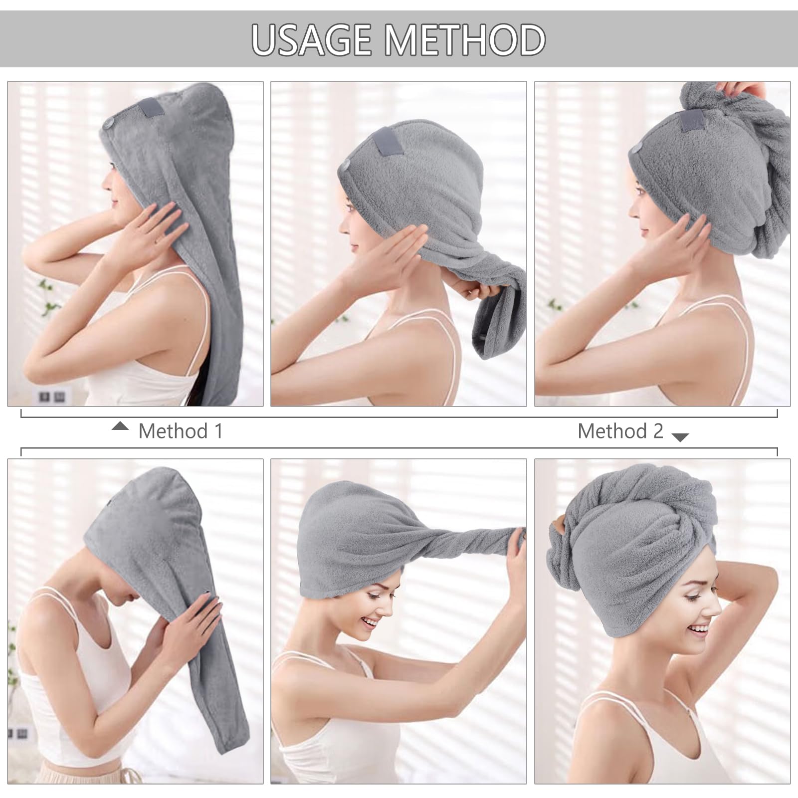 Vivote Anti-Frizz Quick Dry Microfibre Hair Towel Wrap with Button, Super Absorbent for Long Curly Hair 25cm*65cm Grey, 3 Pack - Image 4