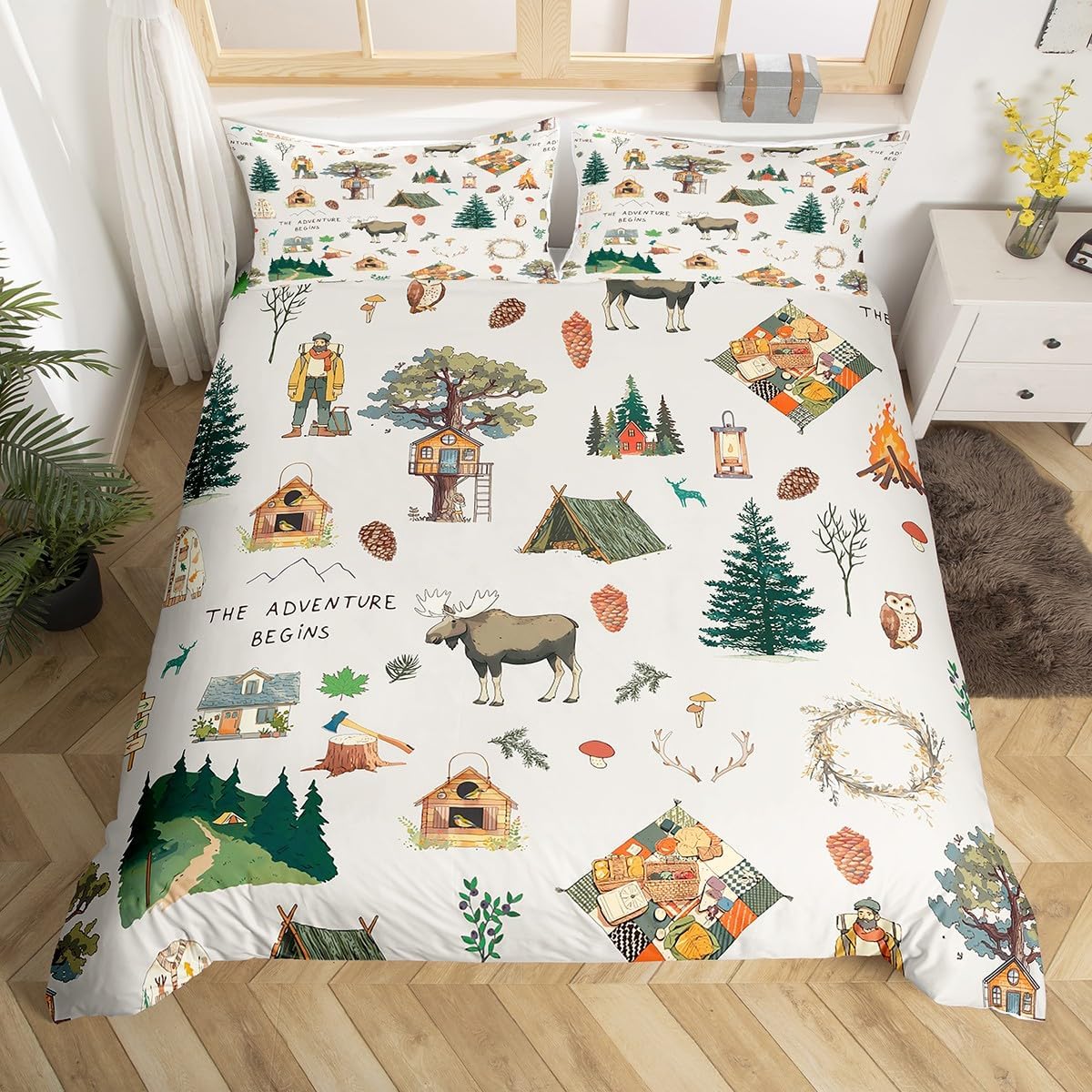 Cartoon Camper Duvet Cover Set Twin Size Jungle Adventure Travel Bedding Set Wild Elk Animals Mountain Trees Comforter Cover for Kids Boys Teens Men Bedroom Decor Happy Camping Quilt Cover 2pcs