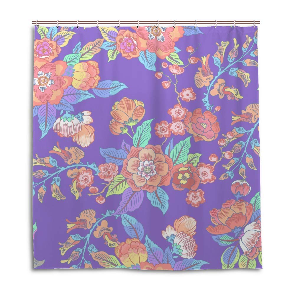 Rideau de douche 60x72 cm polyester violet motif fleurs avec crochets pour salle de bain