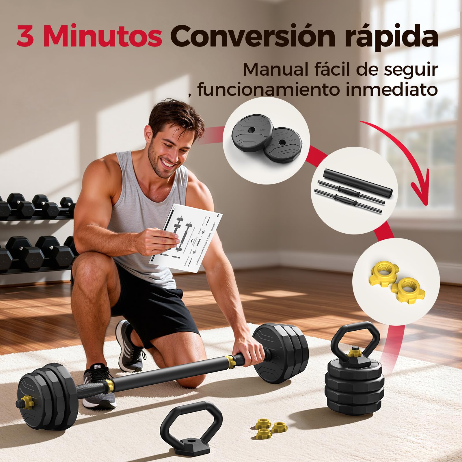 FEIERDUN 20/25/30/40KG Juego de Pesas y Mancuernas Ajustables, Kit Pesas 5 en 1 con Barra, Pesas Rusas y Soportes Para Flexiones, Equipo de Entrenamiento Progresivo para Toda la Familia