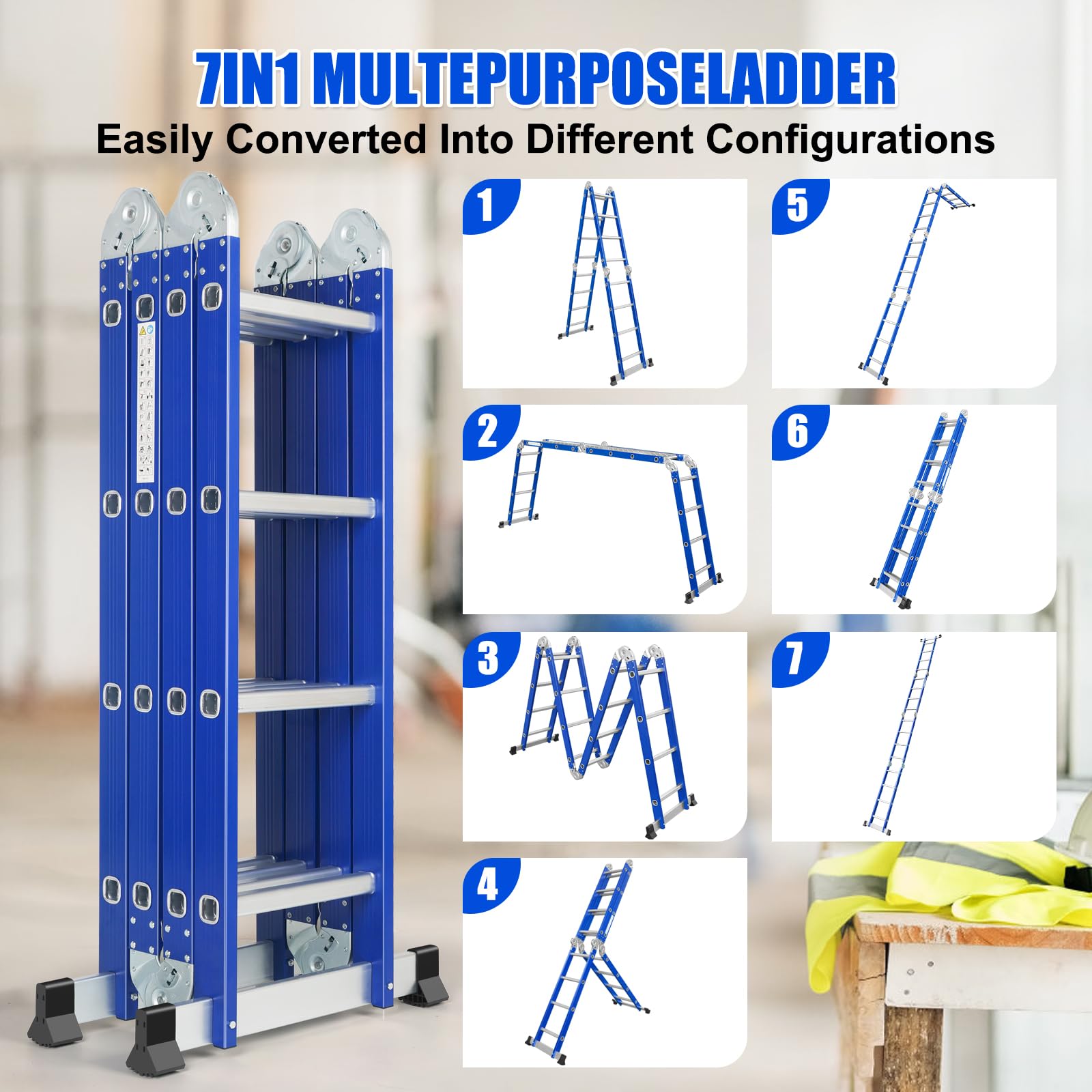 Scala multifunzione in alluminio, 4 x 4 gradini, lunghezza 4,7 m, 4 pezzi, portata massima 150 kg