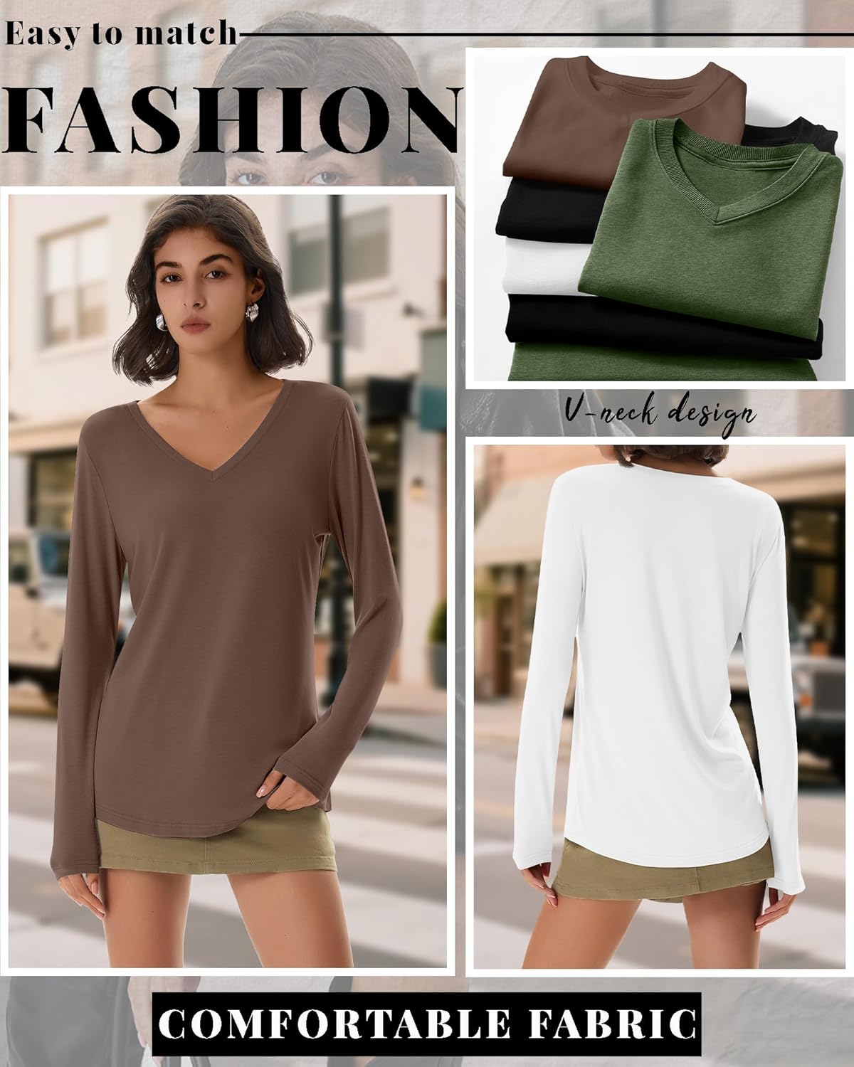 4 Pack Women's Long Sleeve T-Shirts V Neck Basic Tees Curved Hem Casual Tops Loose Fit Fall Outfits - Image 6