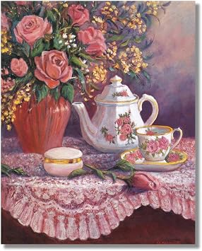 Rose Flower Bouquet with Tea Pot Setting on Table Wall Picture 8x10 Art Print