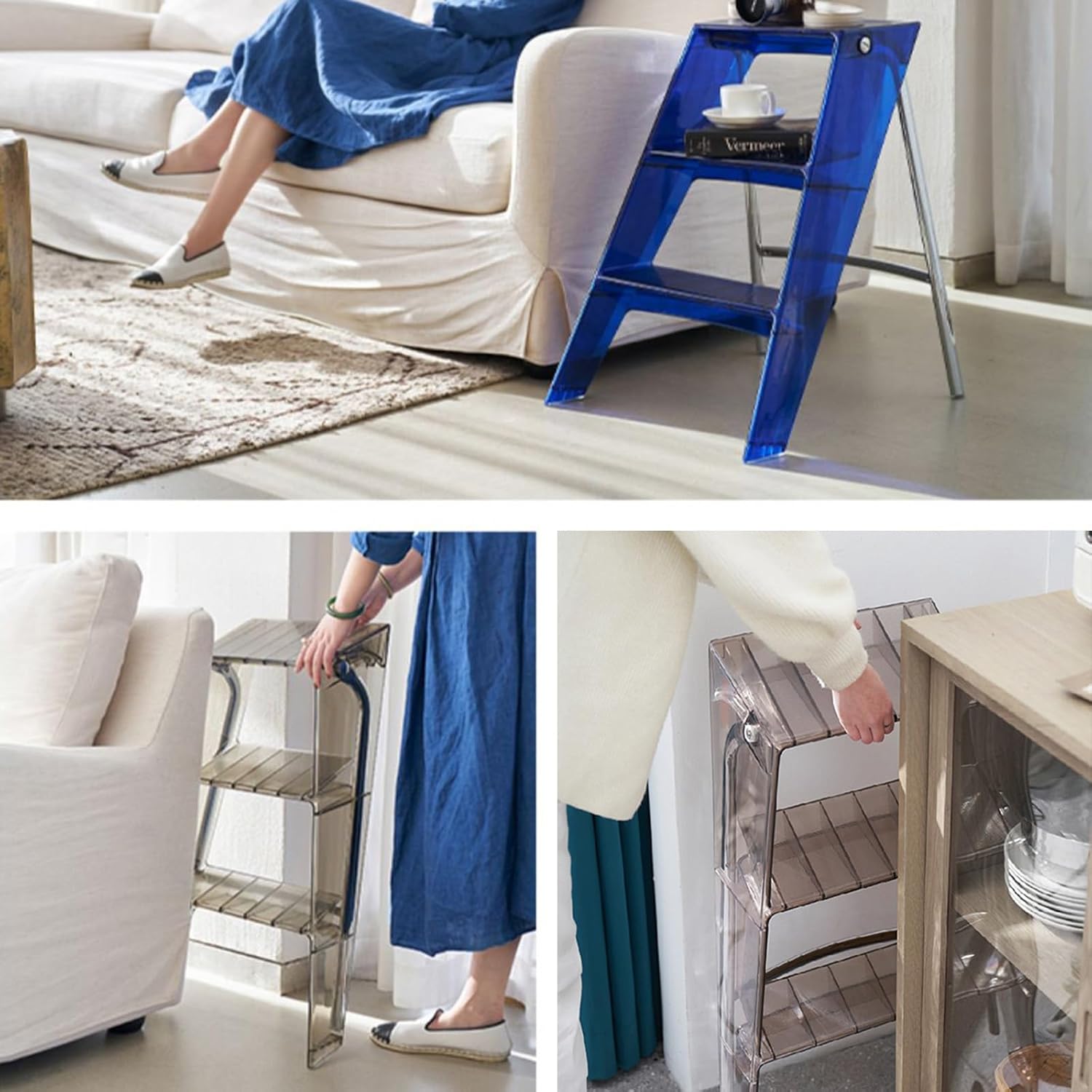 Acrylic Clear Ladder Stool 3 Step Ladder Storage Step Stool Design with Silicone Non-Slip Feet and Non-Slip Treads Portable Ladder Stool for Home Kitchen and Storage(Blue)