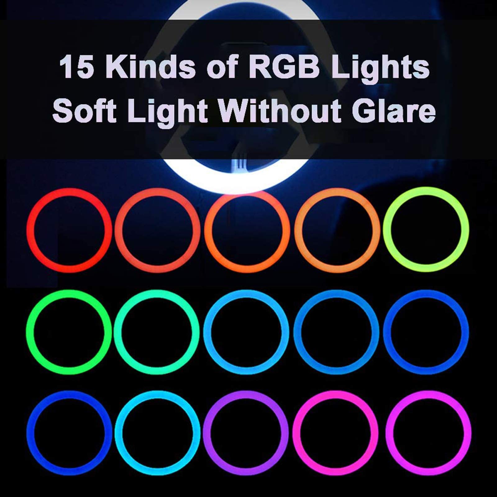 Luce ad Anello LED Pieghevole, 3 modalità Colore Luce per Selfie Trucco Luce Dimmerabile 15 Colori RGB 9 modalità Dinamiche per Youtube, TIK Tok, Fotografia,Nero