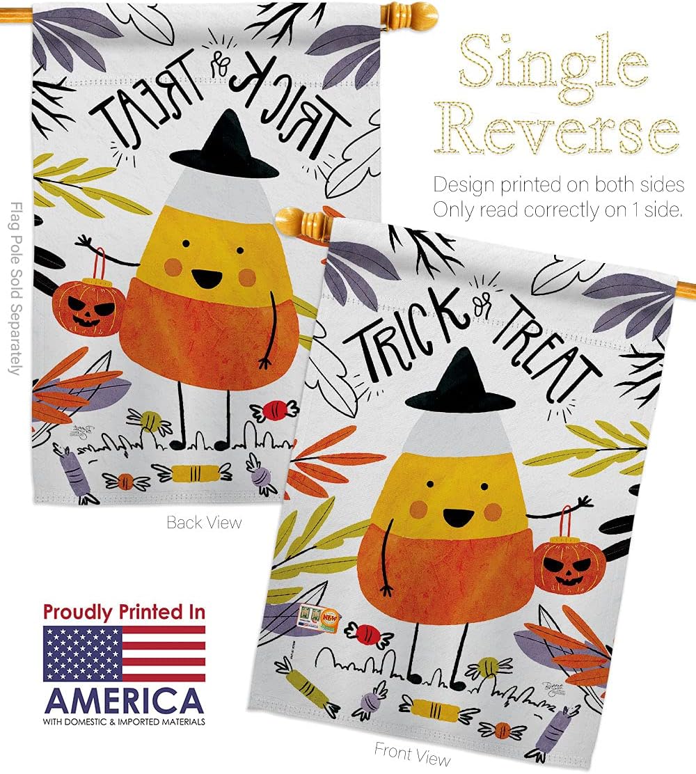 Candy Corn House Flag Dowel Set Falltime Halloween Witch Trick or Treat Spooky Night Black Cat Season Autumntime Pumpkin Small Decorative Gift Yard Banner Made In USA 28 X 40