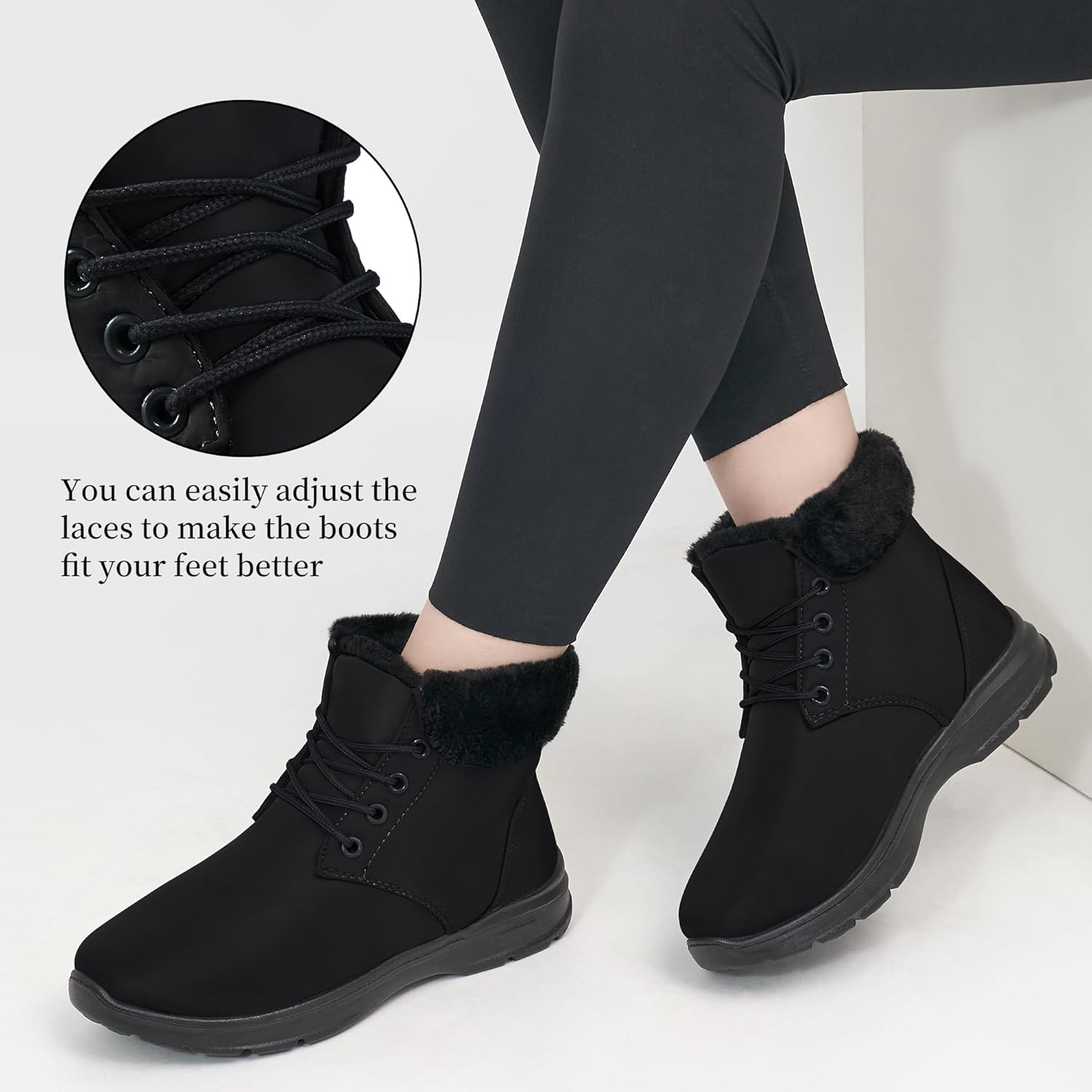 Ecetana Winter Boots for Women Snow Warm Fur Lined Waterproof Ankle Booties Lace Up Non Slip Flat Comfortable Womens Shoes