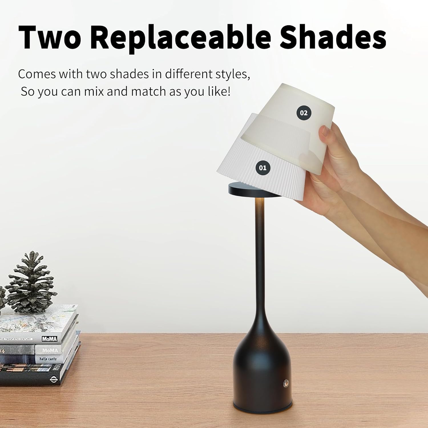 Mr. White Rechargeable Cordless Table Lamp with 2-Pack Lampshades, 5200mAh Battery & Touch Control, 12-inch Dimmable LED Table Light for Patio Restaurant Kitchen Dining (Black)