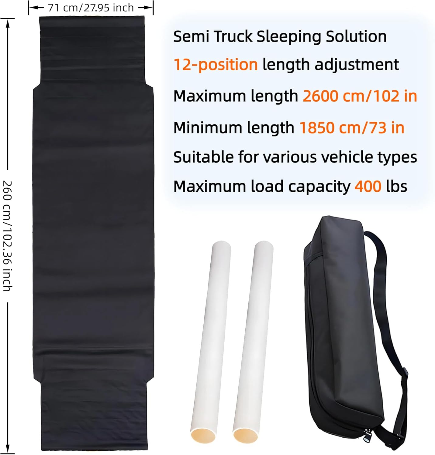 Truck Hammock Bed for Semi Trucks, Adjustable Length 73" to 102", Portable Sleeping Platform for Drivers, Heavy-Duty Rest Bed with 12-Level Adjustment, Easy Install Travel Hammock