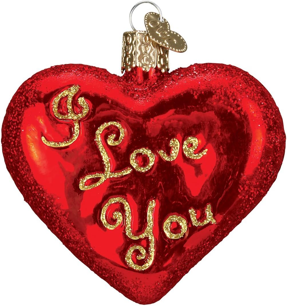 Old World Christmas I Love You Heart Glass Blown Ornament for Christmas Tree, Handcrafted Holiday Decoration, Heart Saying Collection