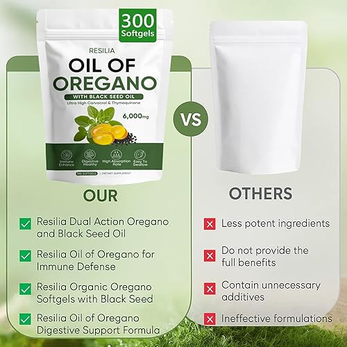 Miniatura 3 de Resilia Aceite de orégano con aceite de semilla negra, cápsulas de orégano orgánico 2 en 1, con 85% de aceite de orégano Carvacrol, para apoyo