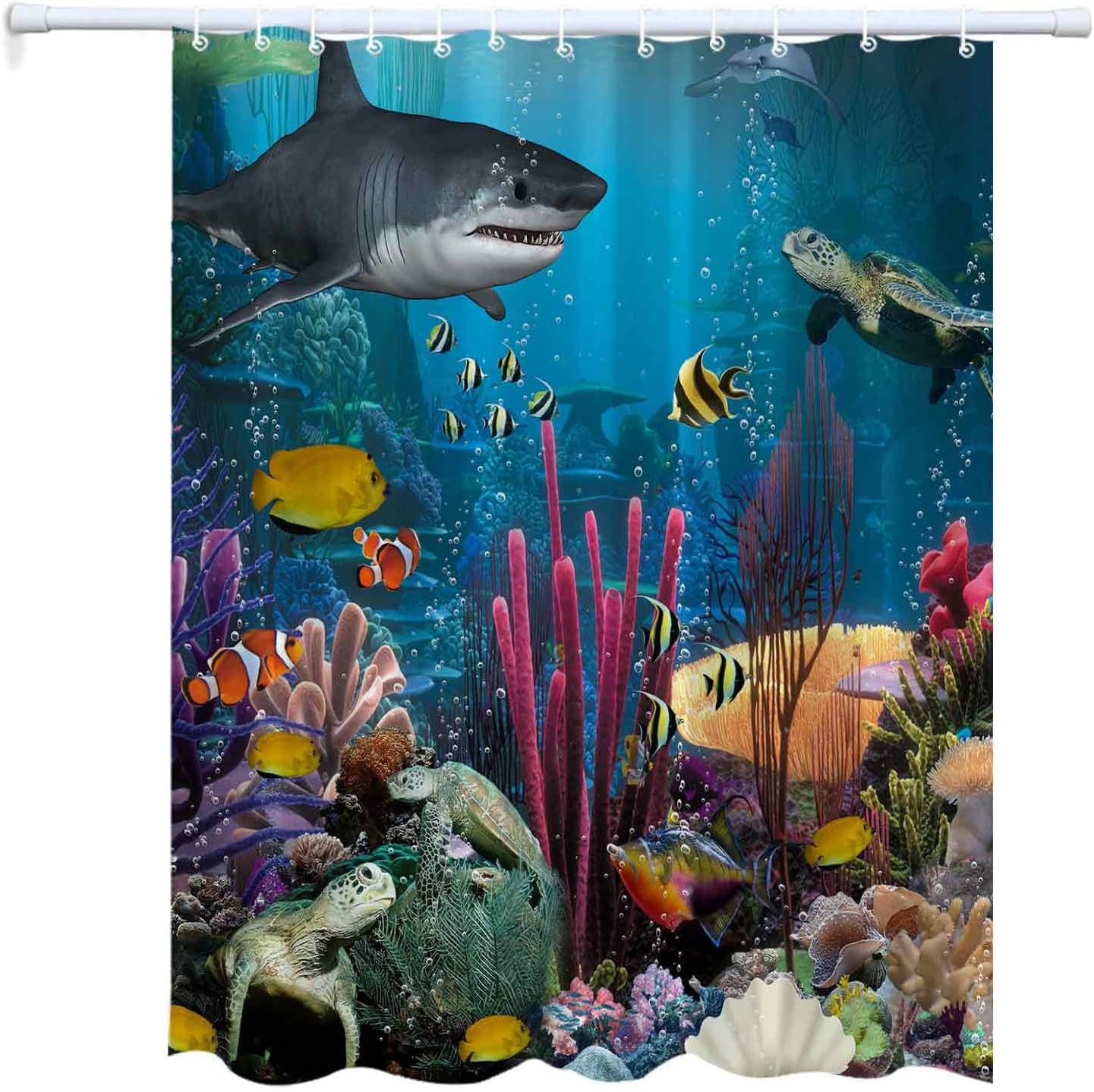 Ocean Decor Shower Curtain Underwater World with Goldfish Starfish Jellyfish Depth Diving Concept, Fabric Ocean Bathroom Decor Set with Hooks, 71X 71 in