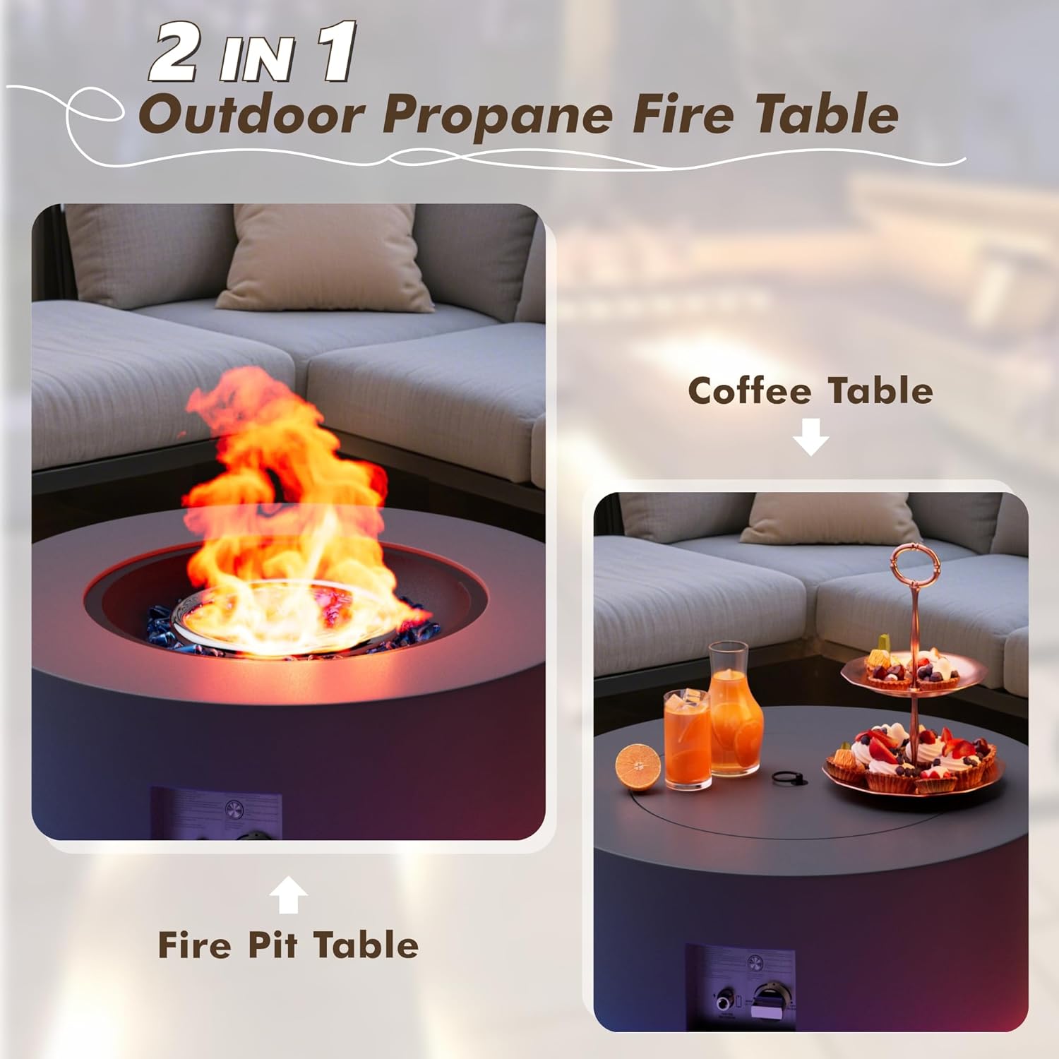 SUNPEAK 30" Round Propane Fire Pit Table - 50K BTU with Lid, Rocks Tank Storage and Cover - Round Gas Fire Pits for Outside Patio - Outdoor Table with Firepit (Gray/RGB Light, 30" Round)