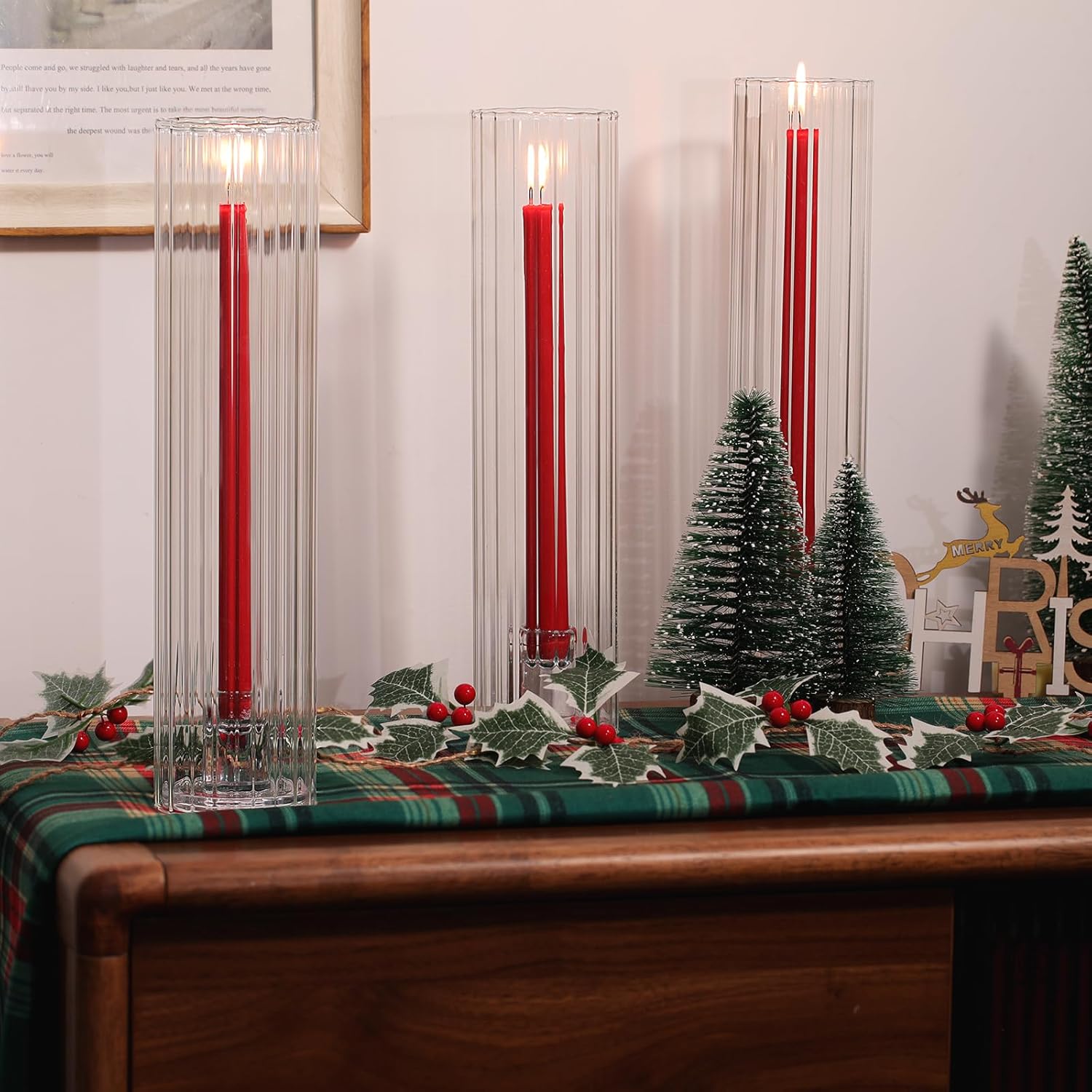 Volens Hurricane Glass Candle Holders for Table Centerpiece - Set of 3 Taper Candle Holders with Windproof Cylinders 12.6" Fluted Glass Chimney for Wedding, Outdoor Party & Fall Home Decorations