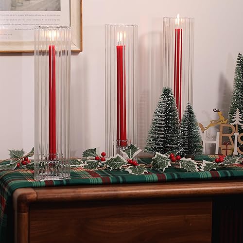 Miniatura 5 de Volens Hurricane Glass Candle Holders for Table Centerpiece - Set of 3 Taper Candle Holders with Windproof Cylinders 12.6" Fluted Glass Chimney for