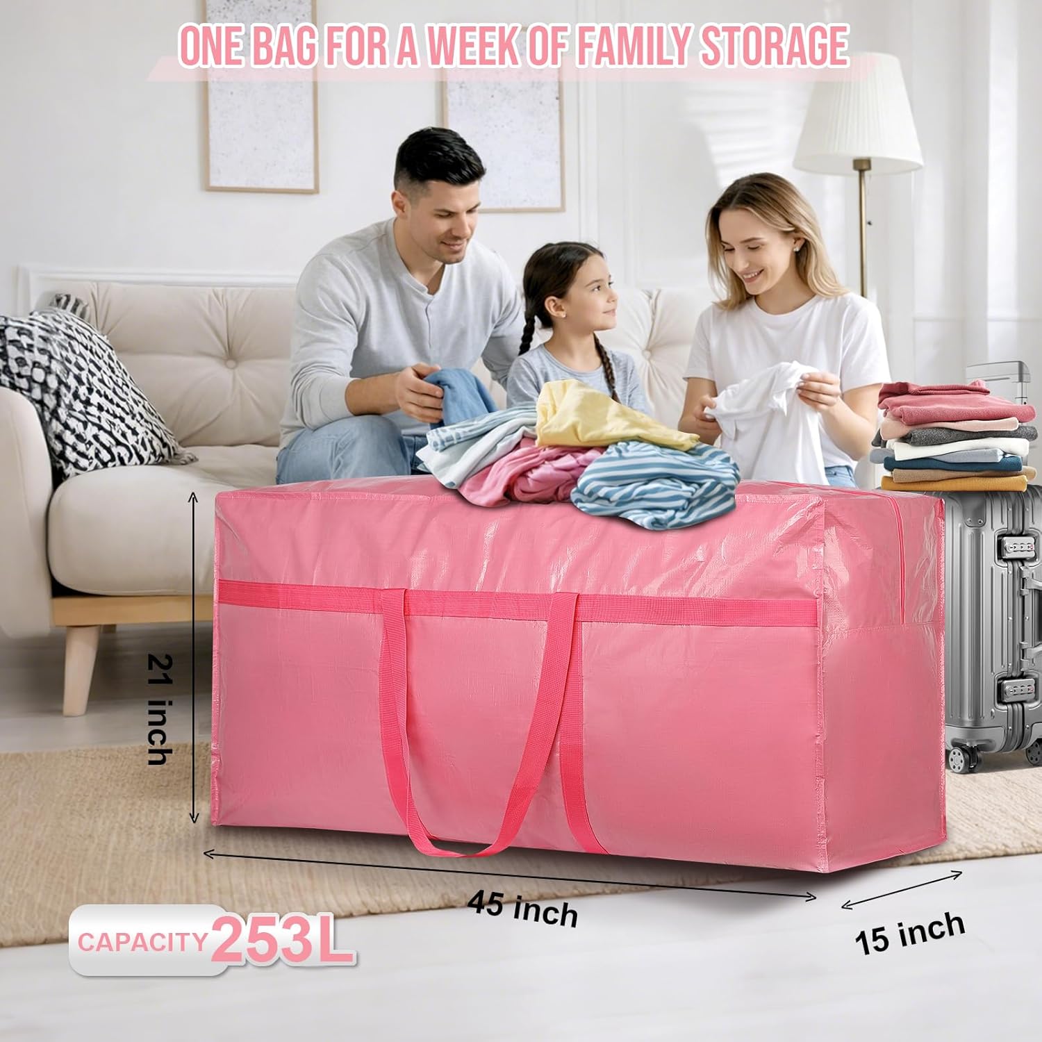 Extra Large Moving Bags Heavy Duty 2 Pack – Bubblegum Pink, 45x21x15 Inches Storage Bags for Moving, Packing, Traveling, and Organizing - Image 2