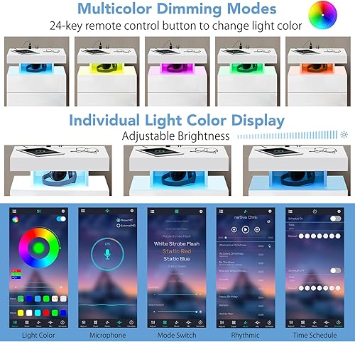 Miniatura 6 de HOMMPA Mesita de noche LED con estación de carga inalámbrica y puertos USB, soporte de noche de 3 cajones con luz LED RGB de brillo ajustable,
